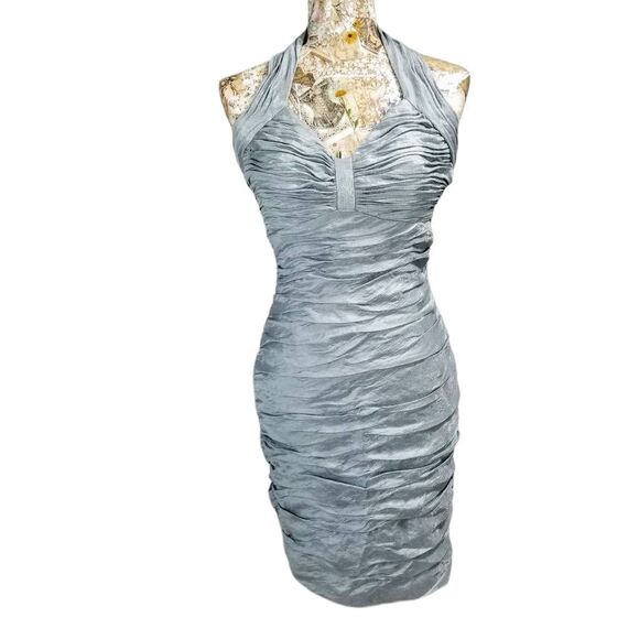 Formal Cocktail Dress Shiny Light Metallic Blue Halter Gathered Tight Bodycon - Picture 11 of 11